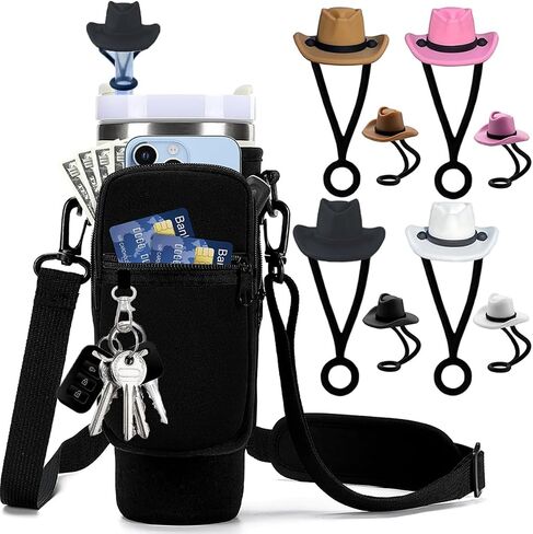 Water Bottle Holder With Strap For Stanley 40 Oz Tumbler,Stanley Cup Holder With Strap With Phone Pocket,Stanley Cup Carrier With 4 Pack Silicone Cowboy Hat Straw Cover,Tumbler Stanley Cup Accessories in Saudi Arabia