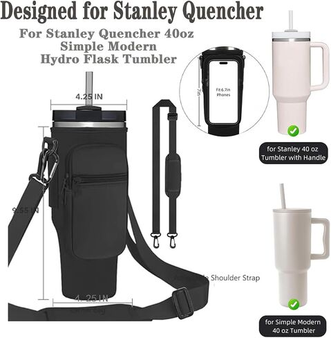 Water Bottle Holder With Strap For Stanley 40 Oz Tumbler,Stanley Cup Holder With Strap With Phone Pocket,Stanley Cup Carrier With 4 Pack Silicone Cowboy Hat Straw Cover,Tumbler Stanley Cup Accessories in Saudi Arabia