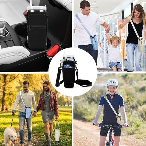 Water Bottle Holder With Strap For Stanley 40 Oz Tumbler,Stanley Cup Holder With Strap With Phone Pocket,Stanley Cup Carrier With 4 Pack Silicone Cowboy Hat Straw Cover,Tumbler Stanley Cup Accessories in Saudi Arabia