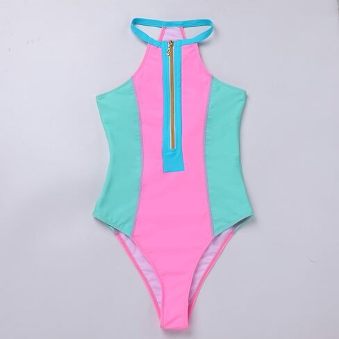 FYMNSI Women's One Piece Swimsuits Zipper Front Color Block Tummy Control Rash Guard Swimming Bathing Suit High Cut Monokini in Saudi Arabia