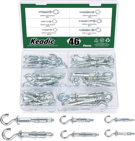 Keadic 46Pcs 6 Sizes Hollow Wall Anchor Screw Assortment Set, M4*32, M4*38, M5*37, M5*52, M6*52,M6*65, Heavy Duty Zinc Plated Steel Molly Bolts for Plasterboard Fixing (Round Ring) in Saudi Arabia