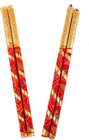 Traditional Dandiya Garba Decorative Sticks set of 2 Pairs for Navratri Celebration Dance Assorted Colors ((White and Golden Design-4 Sticks)) in Saudi Arabia