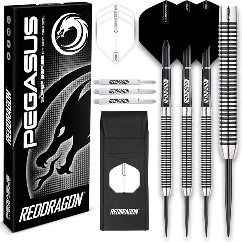 مجموعة سهام RED DRAGON Pegasus Professional Tungsten Steeltip متوفرة بأحجام 21، 23، 24، 25، 26، 28، 30 جرامًا مع رحلات جوية وسيقان (أعمدة) ومحفظة in Kuwait