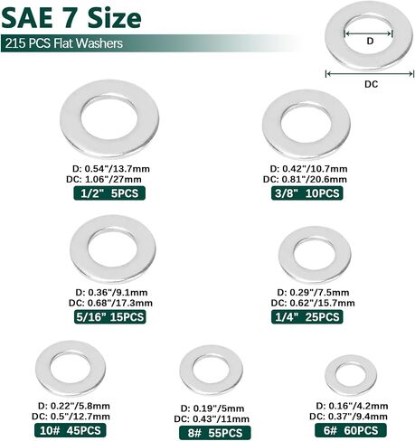 Washers, 630 Pcs SAE+Metric 15 Sizes Washers for Screws, 304 Stainless Steel Flat Washers Assortment Set, Assorted Hardware Washers Kit for Bolts (M2 M3 M4 M5 M6 M8 M10 M12 6# 8# 10# 1/4 5/16 3/8 1/2) in Saudi Arabia