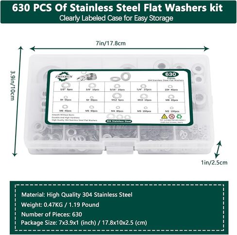 Washers, 630 Pcs SAE+Metric 15 Sizes Washers for Screws, 304 Stainless Steel Flat Washers Assortment Set, Assorted Hardware Washers Kit for Bolts (M2 M3 M4 M5 M6 M8 M10 M12 6# 8# 10# 1/4 5/16 3/8 1/2) in Saudi Arabia