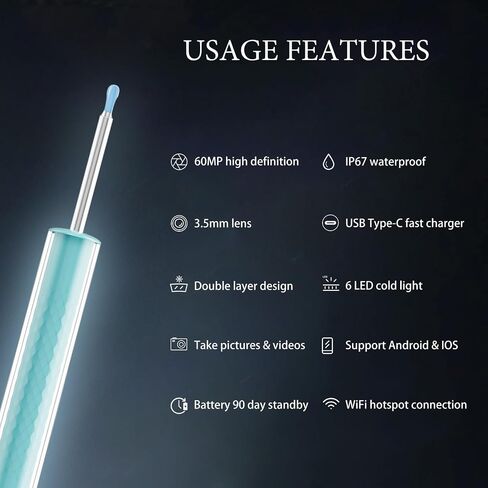 Ear Wax Removal Tool Camera - Lighted Ear Wax Removal Tool Camera 1080p with 20 Replacement Tips Cover and 6 Earwax Removal kit, Wireless Ear Cleaner with Camera 6 LED Light for iOS & Android in Saudi Arabia