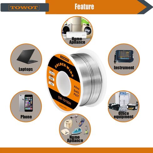 TOWOT 63-37 High Purity Tin Lead Rosin Core Solder Wire for Electrical Soldering, Content 1.8% Solder flux (1.0mm, 50g) in Kuwait