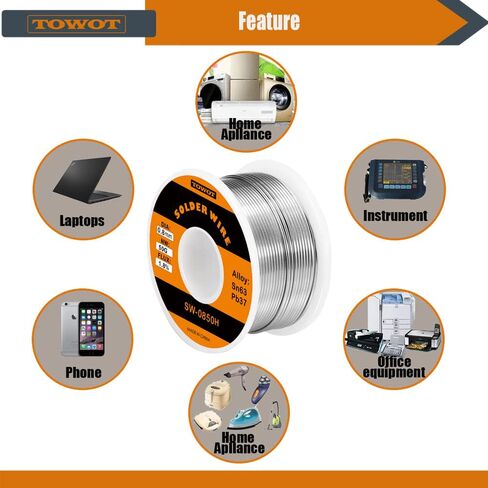 TOWOT 63-37 High Purity Tin Lead Rosin Core Solder Wire for Electrical Soldering, Content 1.8% Solder flux (1.0mm, 50g) in Kuwait