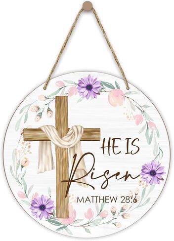 Wood Wall Hanging Sign Plaque Gift for Easter Christian, He is Risen Wooden Round Sign with Twine Floral Cross Decor, Door Home Living Room Shelf Porch Spring Party Holiday Decoration Supplies - 09 in Kuwait