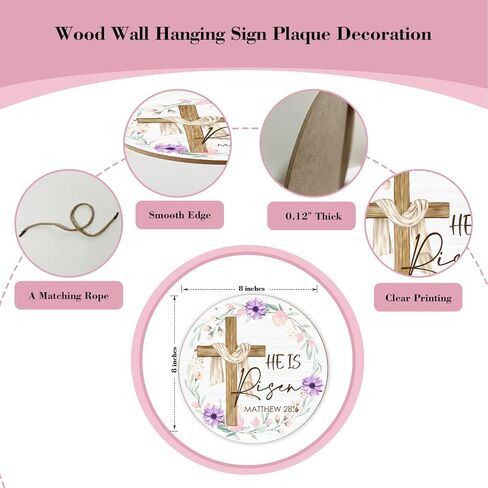 Wood Wall Hanging Sign Plaque Gift for Easter Christian, He is Risen Wooden Round Sign with Twine Floral Cross Decor, Door Home Living Room Shelf Porch Spring Party Holiday Decoration Supplies - 09 in Kuwait