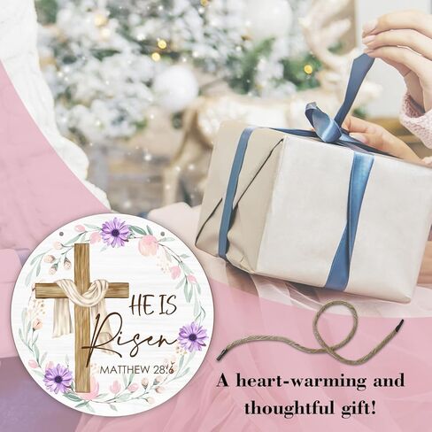 Wood Wall Hanging Sign Plaque Gift for Easter Christian, He is Risen Wooden Round Sign with Twine Floral Cross Decor, Door Home Living Room Shelf Porch Spring Party Holiday Decoration Supplies - 09 in Kuwait