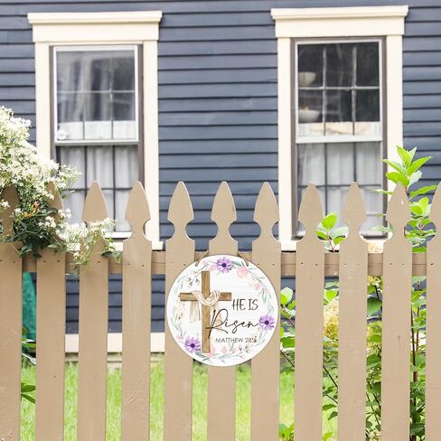 Wood Wall Hanging Sign Plaque Gift for Easter Christian, He is Risen Wooden Round Sign with Twine Floral Cross Decor, Door Home Living Room Shelf Porch Spring Party Holiday Decoration Supplies - 09 in Kuwait
