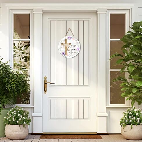 Wood Wall Hanging Sign Plaque Gift for Easter Christian, He is Risen Wooden Round Sign with Twine Floral Cross Decor, Door Home Living Room Shelf Porch Spring Party Holiday Decoration Supplies - 09 in Kuwait