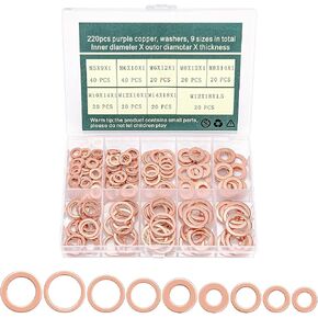 220 Pcs Copper Flat Washers Kit - Metric Sealing Washer Assortment Set in 9 Sizes: M5, M6, M8, M10, M12, M14 - Durable Copper Washers for Sealing, Plumbing, Oil Drain Plugs, and Crush Washer Use in Saudi Arabia