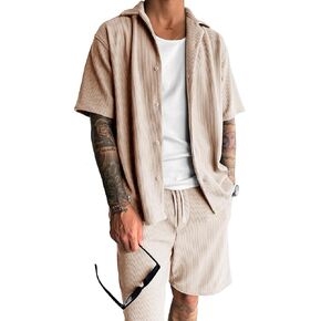 URRU Men's Shirt and Shorts Set Short Sleeve Casual Button Down 2 Piece Summer Outfits