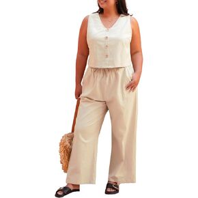 CUPSHE Women's Summer 2 Piece Outfits Casual Tracksuit Sleevess Button Down Long Pant Lounge Sets 2024