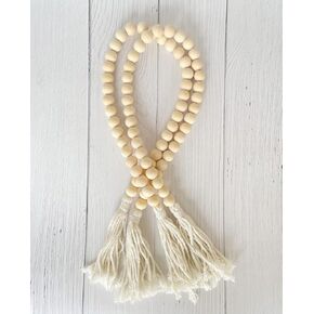 Farmhouse Beads 34in Natural Wood Bead Garland with Tassels Rustic Country Decor Prayer Boho Beads Big Wall Hanging Decor Set of 2
