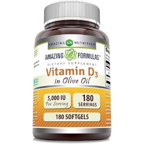 Amazing Formulas  Vitamin D3 with Olive Oil  5000  IU Softgels Supplement | Non-GMO | Gluten Free | Made in USA (180 Count)