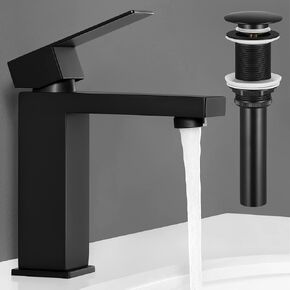 KES Black Bathroom Faucet & Bathroom Sink Drain with Overflow, cUPC Certified Vanity Single Hole Faucet with Pop Up Drain Stopper Rustproof Matte Black, L3156ALF-BK-C3