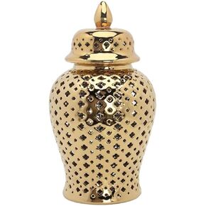 Ciieeo Traditional Pierced Ginger Jar with Lid Ceramic Porcelain Ginger Jars Carved Lattice Decorative Temple Jar Flower Vase Tea Canister for Home Office Golden 22x10cm