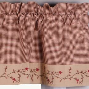 Primitive Home Decors Star Berry Vine Gingham Check Black and Nutmeg 72" x 15.5" Lined Cotton Valance