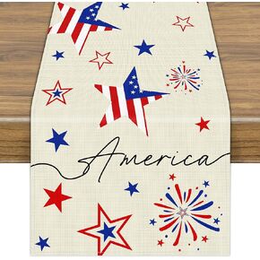 Patriotic Table Runner, 4th of July Decorations Watercolor Stripes Stars Table Runner, Patriotic Memorial Day Independence Day Kitchen Dining Table for 4th of July Decor (Red)