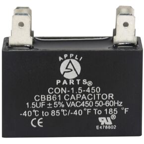 Appli Parts Fan motor Capacitor 1.5 mfd (microfarads) uf 450VAC CBB61 with 4 Terminal connections universal fit for electric fan applications 1-3/8in Width 1/2in Depth 1-1/4in Height CAP-1.5-450
