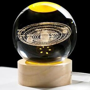 3D Solar System Crystal Ball Lamp with Wooden Base, Laser Engraved Solar System Model Glass Sphere Collection Figurines Science Astronomy Gifts for Space Lovers, Crystal Ball Home Decor