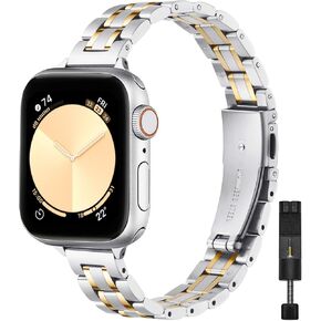 STIROLL Thin Replacement Band Compatible for Apple Watch 38mm 40mm 41mm 42mm 44mm 45mm 49mm, Stainless Steel Metal Wristband Women Men for iWatch Ultra SE Series 9/8/7/6/5/4/3/2/1(Gold,38mm/40mm/41mm)