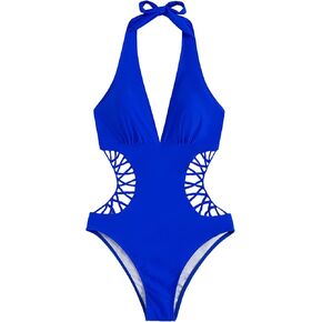 SweatyRocks Women's Deep V Neck Cutout High Waisted Halter Monokini One Piece Swimsui