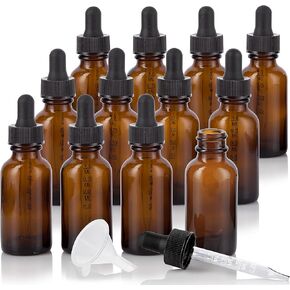 JUVITUS 1 oz / 30 ml Amber Glass Boston Round Bottle with Graduated Measurement Glass Dropper (12 Pack) + Funnel