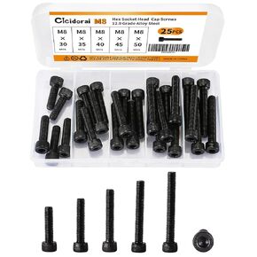 M8 x 10mm 12mm 16mm 20mm 25mm Hex Socket Head Cap Screws Bolts, 12.9 Grade Alloy Steel, Black Oxide Finish, Fully Threaded, Metric Allen Hex Drive, Assortment Kit 50Pcs