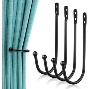 4 PCS Black Curtain Tie Backs Decorative Drapery Holders for Wall, Curtain Holdbacks Vintage Rustic Style Decor U Shaped Curtain Pull Backs,Black, Come with Screws