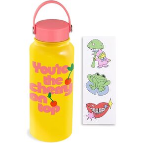 ban.do Large Water Bottle with Waterproof Sticker Pack, Stainless Steel Double Wall Tumbler, 33 Oz Insulated Metal Water Bottle with Twist on Lid and Strap (Cherry on Top)