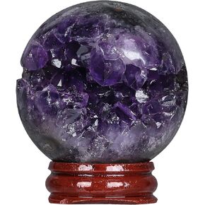 Rockcloud Natural Amethyst Druzy Geode Crystal Ball Healing Stone Sphere Ball for Home Decoration Meditation with Wooden Base, 2.01-2.36 inches