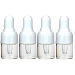 100Pcs 1ml Clear Mini Cute Glass Essential Oil Dropper Bottles with Eye Dropper Dispenser for Perfume Cosmetic Liquid Aromatherapy Sample Storage Jar Vial Containers Kitchen Tool, White Cap