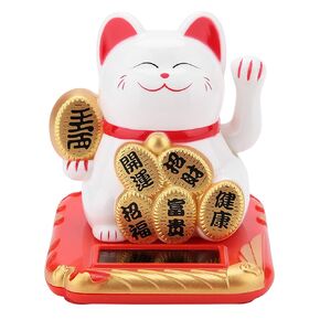 Lucky Cat Waving Arm, Maneki Neko Solar Feng Shui Fortune Beckoning Statue Decorations Cute Chinese Japanese Wealth Good Luck Restaurant Living Room Decorating Front Desk Car Home Office