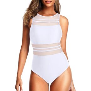 Holipick Women High Neck One Piece Mesh Swimsuits Full Coverage Bathing Suits Slimming Swimwear