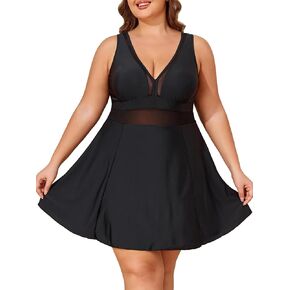 Plus Size Swim Dress Tummy Control Swimsuits for Women One Piece Bathing Suit V Neck Swimdress Slimming Swimwear