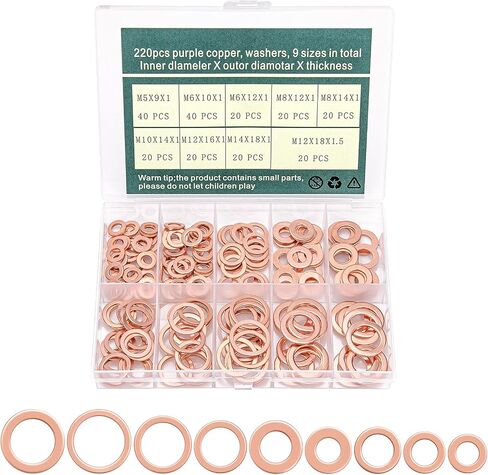 220 Pcs Copper Flat Washers Kit - Metric Sealing Washer Assortment Set in 9 Sizes: M5, M6, M8, M10, M12, M14 - Durable Copper Washers for Sealing, Plumbing, Oil Drain Plugs, and Crush Washer Use in Saudi Arabia