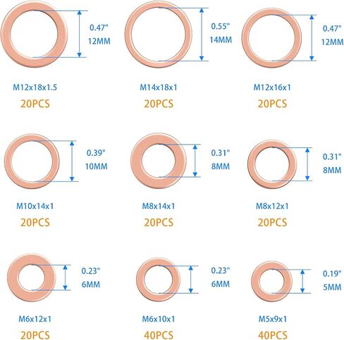 220 Pcs Copper Flat Washers Kit - Metric Sealing Washer Assortment Set in 9 Sizes: M5, M6, M8, M10, M12, M14 - Durable Copper Washers for Sealing, Plumbing, Oil Drain Plugs, and Crush Washer Use in Saudi Arabia