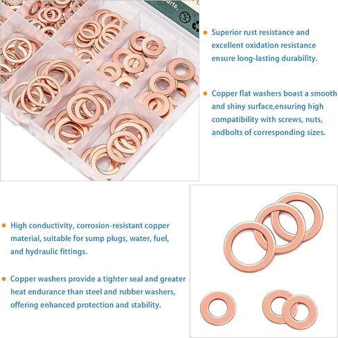 220 Pcs Copper Flat Washers Kit - Metric Sealing Washer Assortment Set in 9 Sizes: M5, M6, M8, M10, M12, M14 - Durable Copper Washers for Sealing, Plumbing, Oil Drain Plugs, and Crush Washer Use in Saudi Arabia