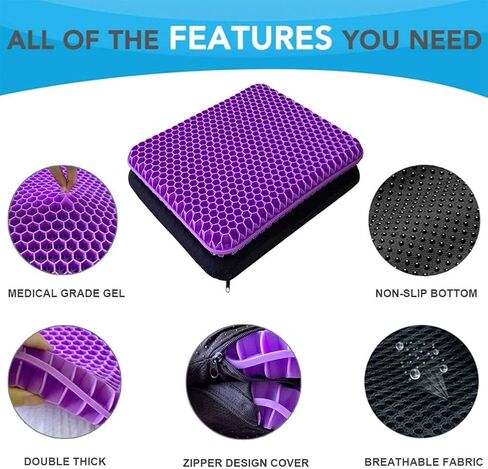 Gel Enhanced Seat Cushion for Long Sitting - Double Thick Honeycomb Breathable Design Egg Seat Cushion with Non-Slip Cover - Office Chair Car Cooling Seat Cushion - Computer Desk Pain Relief Pad in Kuwait