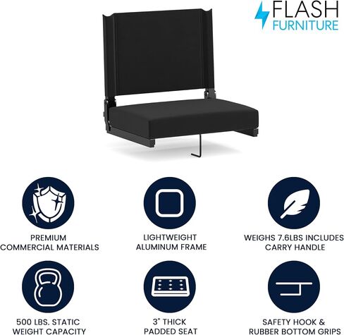 Flash Furniture Grandstand Portable Stadium Seats for Bleachers or Benches, Folding Padded Stadium Chairs with Handle, Pack of 2, 500 lb. Weight Capacity, Black in Kuwait