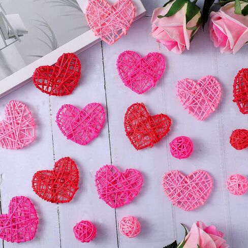 36 Pieces Vase Filler Wicker Rattan Balls Colorful Vase Filler for Home Decor Table Decorative Balls for Bowls Natural Rattan Balls for Holiday Party Decoration(Red Series, Round and Heart) in Saudi Arabia