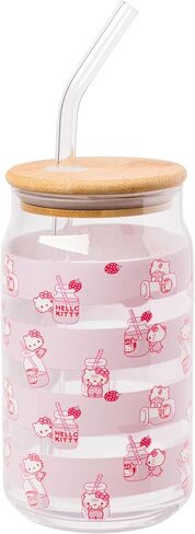 Silver Buffalo Hello Kitty Strawberry Design Glass Tumbler with Bamboo Lid and Glass Straw, 16 Ounces in Saudi Arabia