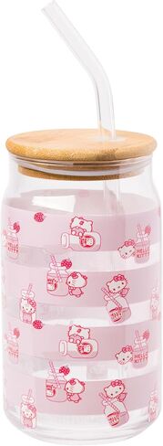 Silver Buffalo Hello Kitty Strawberry Design Glass Tumbler with Bamboo Lid and Glass Straw, 16 Ounces in Saudi Arabia