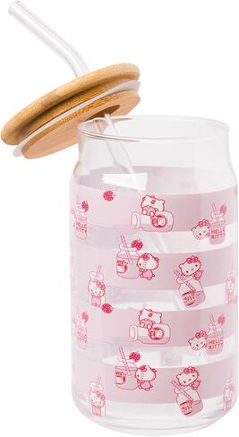 Silver Buffalo Hello Kitty Strawberry Design Glass Tumbler with Bamboo Lid and Glass Straw, 16 Ounces in Saudi Arabia