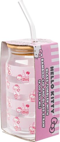 Silver Buffalo Hello Kitty Strawberry Design Glass Tumbler with Bamboo Lid and Glass Straw, 16 Ounces in Saudi Arabia