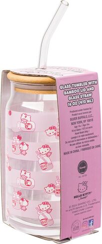 Silver Buffalo Hello Kitty Strawberry Design Glass Tumbler with Bamboo Lid and Glass Straw, 16 Ounces in Saudi Arabia